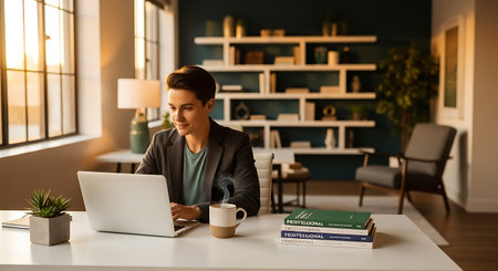 businesswoman with laptop working at home office and drinking coffee or teaの素材