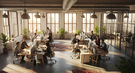 Group of business people working and communicating together in a modern office.の素材
