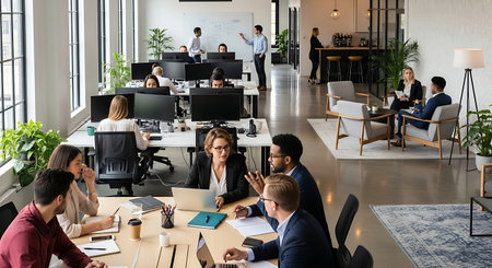 Group of diverse business people working together in modern office. Multiethnic corporate business team on meeting in modern workplace.の素材