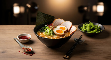 japanese ramen noodle with egg and vegetables on wooden tableの素材