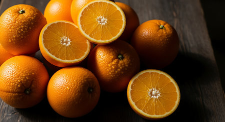 Oranges on a wooden table, close-up, top viewの素材