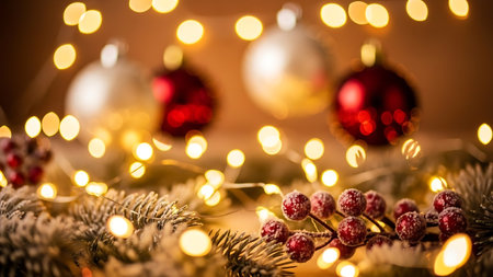 Christmas and New Year background with bokeh lights and red berriesの素材