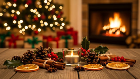 Christmas decoration with burning candle in front of fireplace and christmas treeの素材