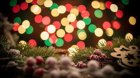 Christmas decoration with blurred lights on bokeh background. Holiday concept.の素材