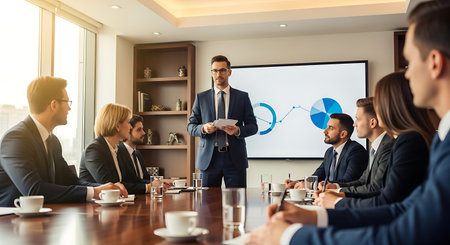 Businessman giving a presentation to his colleagues during meeting in conference roomの素材