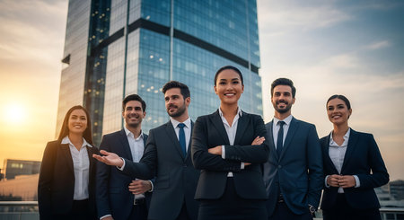 Group of happy business people standing on the background of skyscrapersの素材