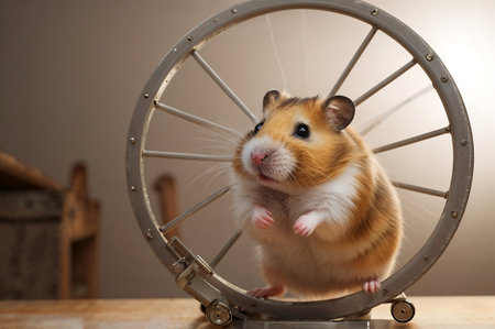 Hamster in a wheel on a wooden table in front of a gray backgroundの素材