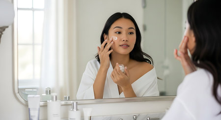 Young asian woman applying cosmetic cream on face in front of mirrorの素材
