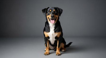portrait of a mixed breed dog sitting on a gray studio backgroundの素材