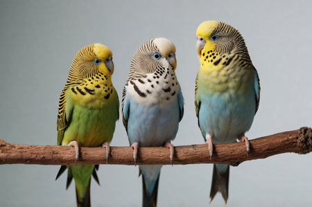 Three Budgerigars sitting on the branch isolated on white backgroundの素材