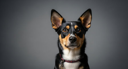 Portrait of a mixed breed dog on a gray studio background.の素材