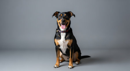 Studio portrait of a beautiful mixed breed dog sitting on grey background.の素材