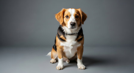 cute beagle dog sitting and looking at camera on grey backgroundの素材