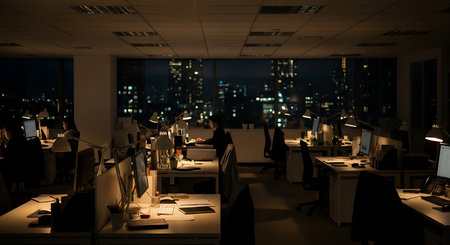 Business people working on computers in modern office at night with city viewの素材