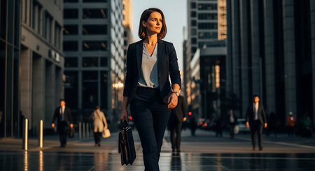 Beautiful business woman walking in the city at sunset. Business concept.の素材
