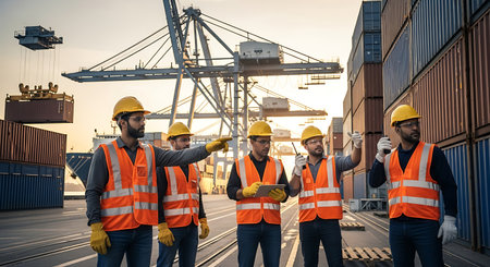 Portrait of a group of engineers working together in a container yardの素材