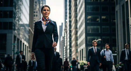 Young businesswoman walking on the street in New York City, wearing a suit.の素材