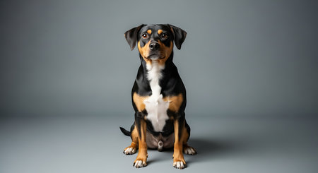 Portrait of a purebred dog on a gray studio background.の素材