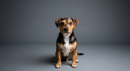 Studio shot of an adorable mixed breed dog sitting on grey background.の素材