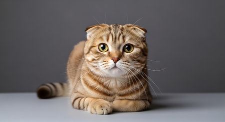 Beautiful scottish fold cat on grey background. Studio shot.の素材