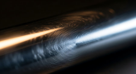 Close up of a stainless steel pipe on a dark background. Selective focus.の素材