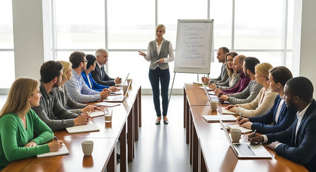 Businesswoman giving a presentation to her colleagues in the conference room.の素材
