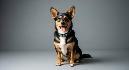 Studio shot of an adorable mixed breed dog sitting on grey background.の素材