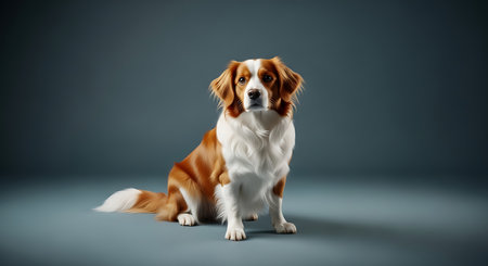 Cute welsh springer spaniel dog sitting on grey backgroundの素材