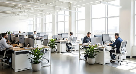Group of business people working together in a modern open plan office.の素材