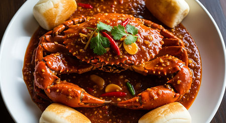 Crab in spicy sauce with bread on white plate, Thai foodの素材