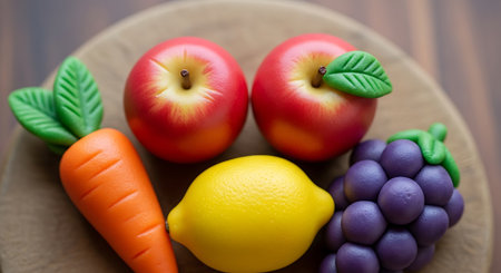 Fruits and vegetables on wooden plate. Healthy eating concept. Selective focus.の素材