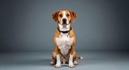 Studio shot of an adorable purebred dog sitting on grey background.の素材