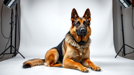 German shepherd dog on a white background. Studio photo with professional lighting equipment.の素材