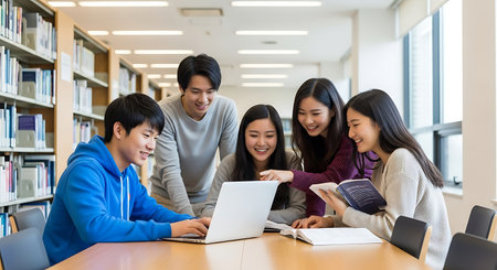 Group of asian students studying together in the library. Education concept.の素材