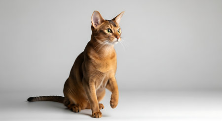 Purebred abyssinian cat sitting and looking at camera on grey backgroundの素材