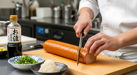 Chef cutting sausage on wooden board in restaurant kitchen, closeupの素材