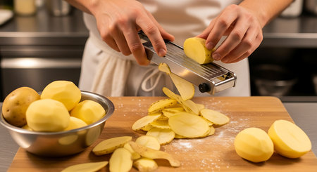 young woman in a white apron cutting potatoes with a knife in the kitchenの素材
