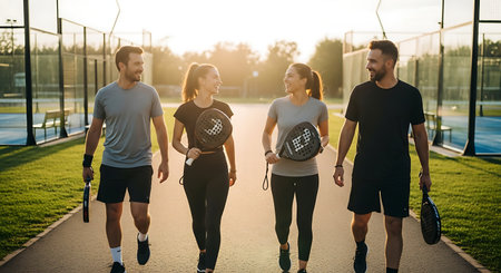 Group of sportive people running on the sports field at sunset.の素材