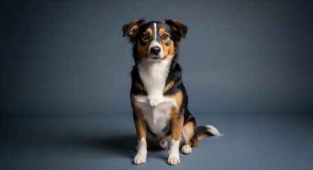 Studio shot of an adorable Australian Shepherd sitting on grey background. Looking at camera.の素材