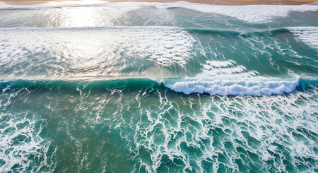 Aerial view of waves breaking on the beach. Top view.の素材