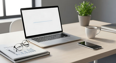 Laptop with blank screen on table in modern office. Mock upの素材