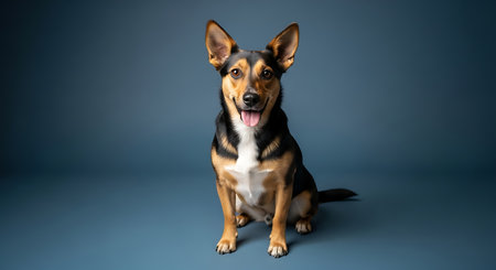 Studio shot of a mixed breed dog sitting on a blue background.の素材