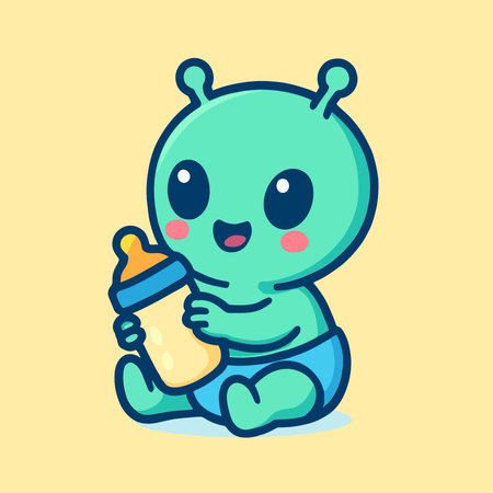Cute baby alien with milk bottle. Vector flat cartoon character illustrationのイラスト素材