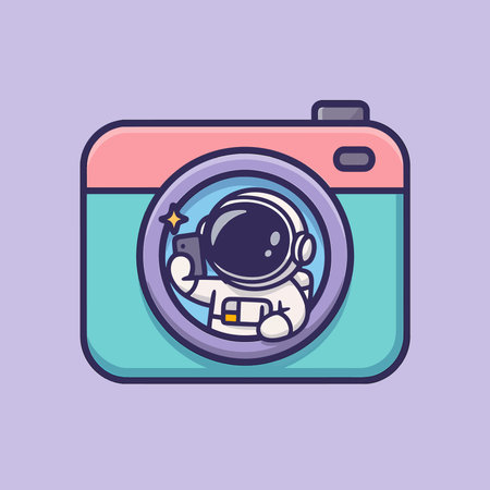 Cartoon camera icon with astronaut. Vector illustration in linear style.のイラスト素材