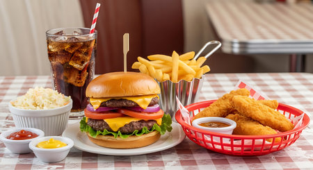 Hamburger, french fries and cola in a basket.の素材