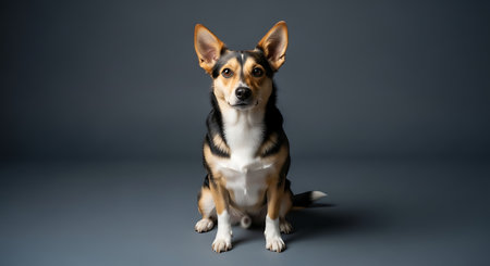 Studio shot of cute welsh corgi dog sitting on grey background.の素材