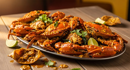 Boiled crabs with spicy sauce and lime on a wooden table.の素材