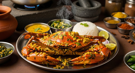 Seafood dish - crab with rice, curry and chilliの素材