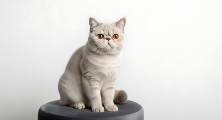 British shorthair cat sitting on a stool and looking at the cameraの素材