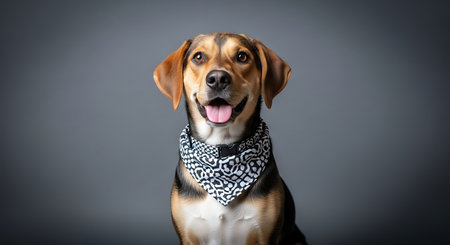 Portrait of a beagle dog wearing a scarf on grey backgroundの素材